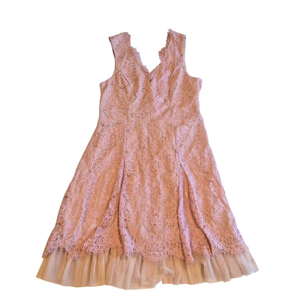 Trixxi Pink Floral Lace Tulle Hem Sleeveless V-Neck Fit & Flare Dress L